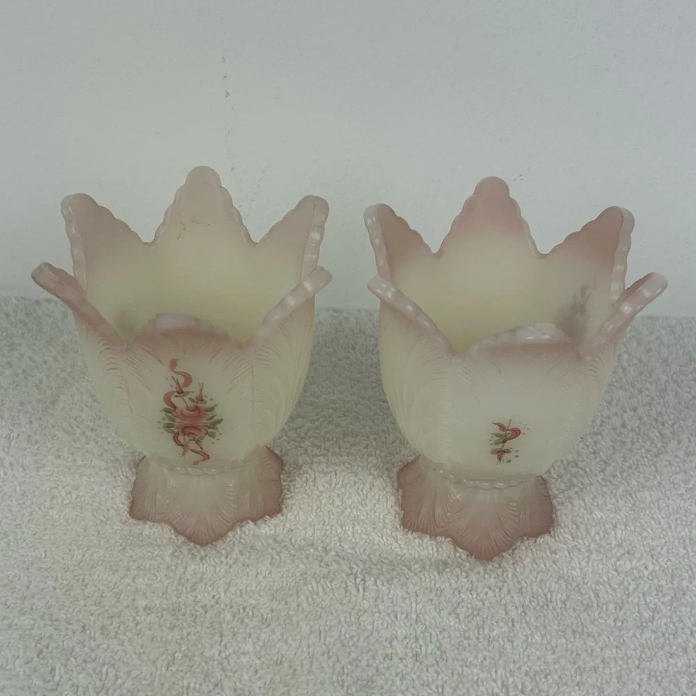 Pair of VTG '1980's' Fenton Art Glass Burmese - 2 way Votive - Signed/Painted